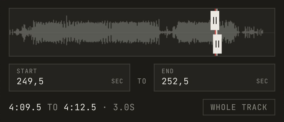 Dark-mode audio range selector with a visible waveform and Start and End controls.