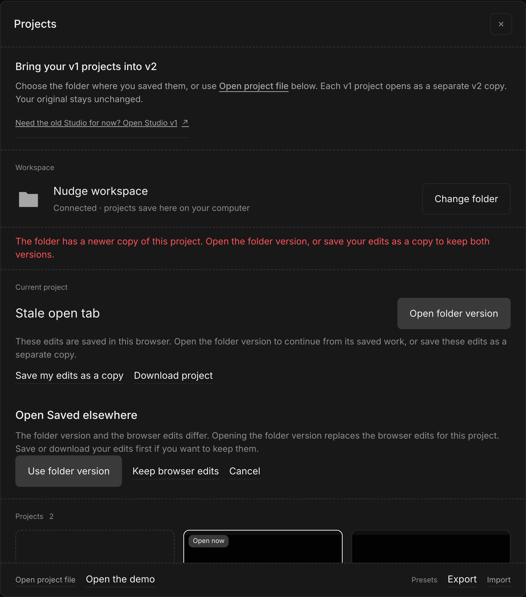 Dark Projects dialog with Open folder version and a choice between folder content and browser edits.