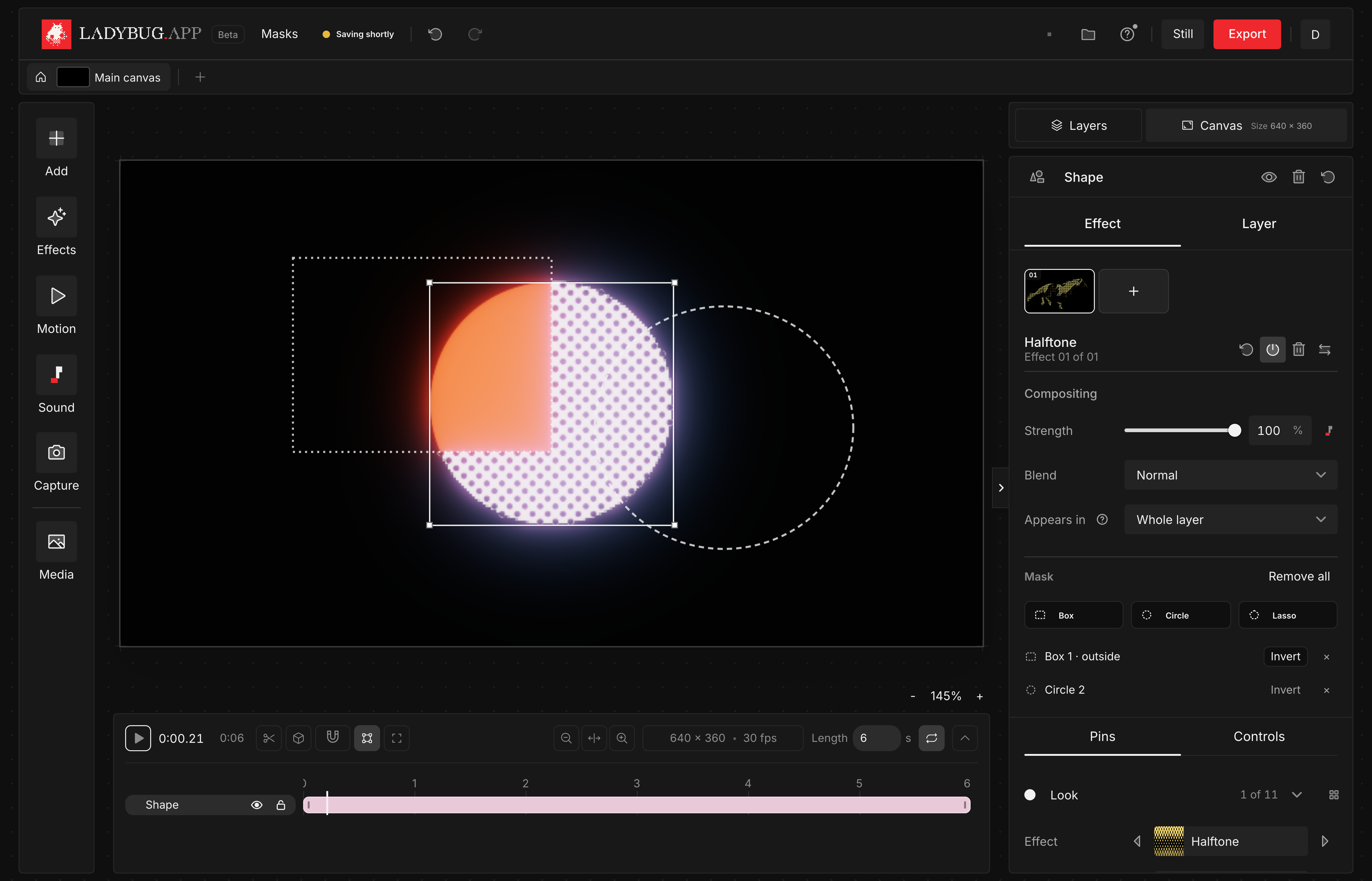 Studio V2 in dark mode with box and circle mask outlines shown while editing the Mask controls.
