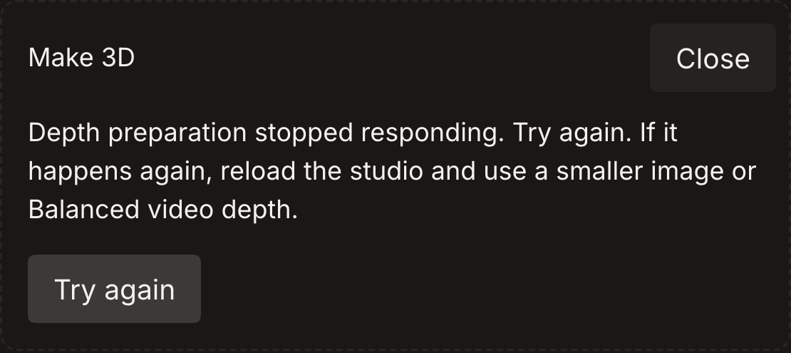 Dark depth preparation card explaining that the job stopped responding, with Close and Try again actions.