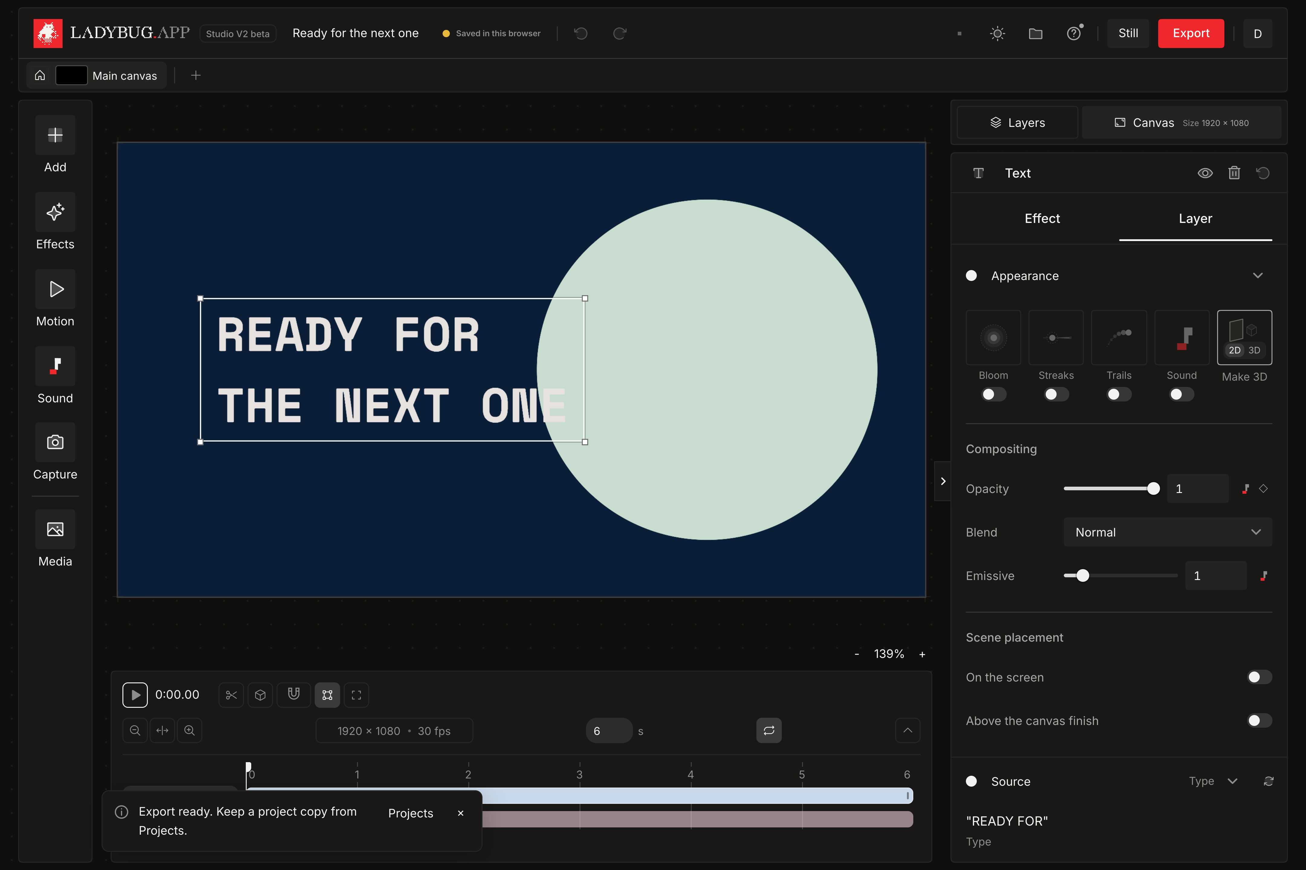 Dark Studio V2 after export with the Export button available and a small project-copy reminder.