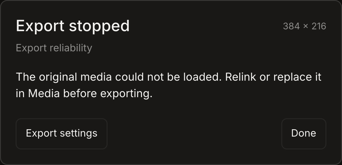 Dark export status card explaining that original media could not load, with Export settings and Done buttons.