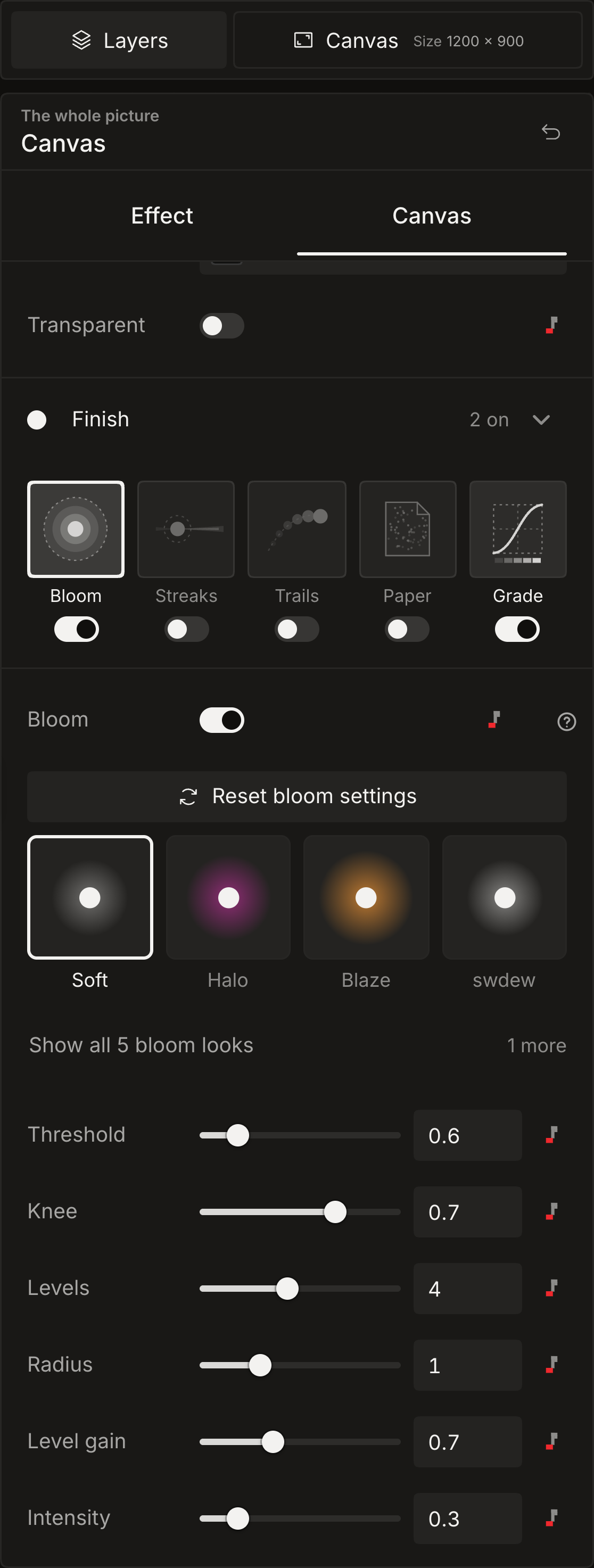 Dark Bloom settings with the reset button and preset tiles inset to align with the controls below.