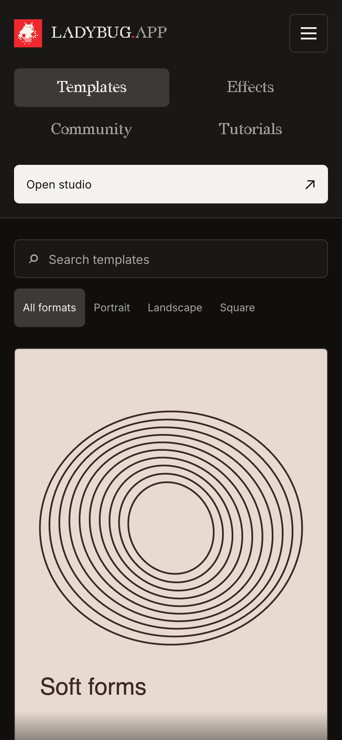 Dark mobile Studio Home with two rows of navigation tabs, a milky Open studio button and template search above the gallery.