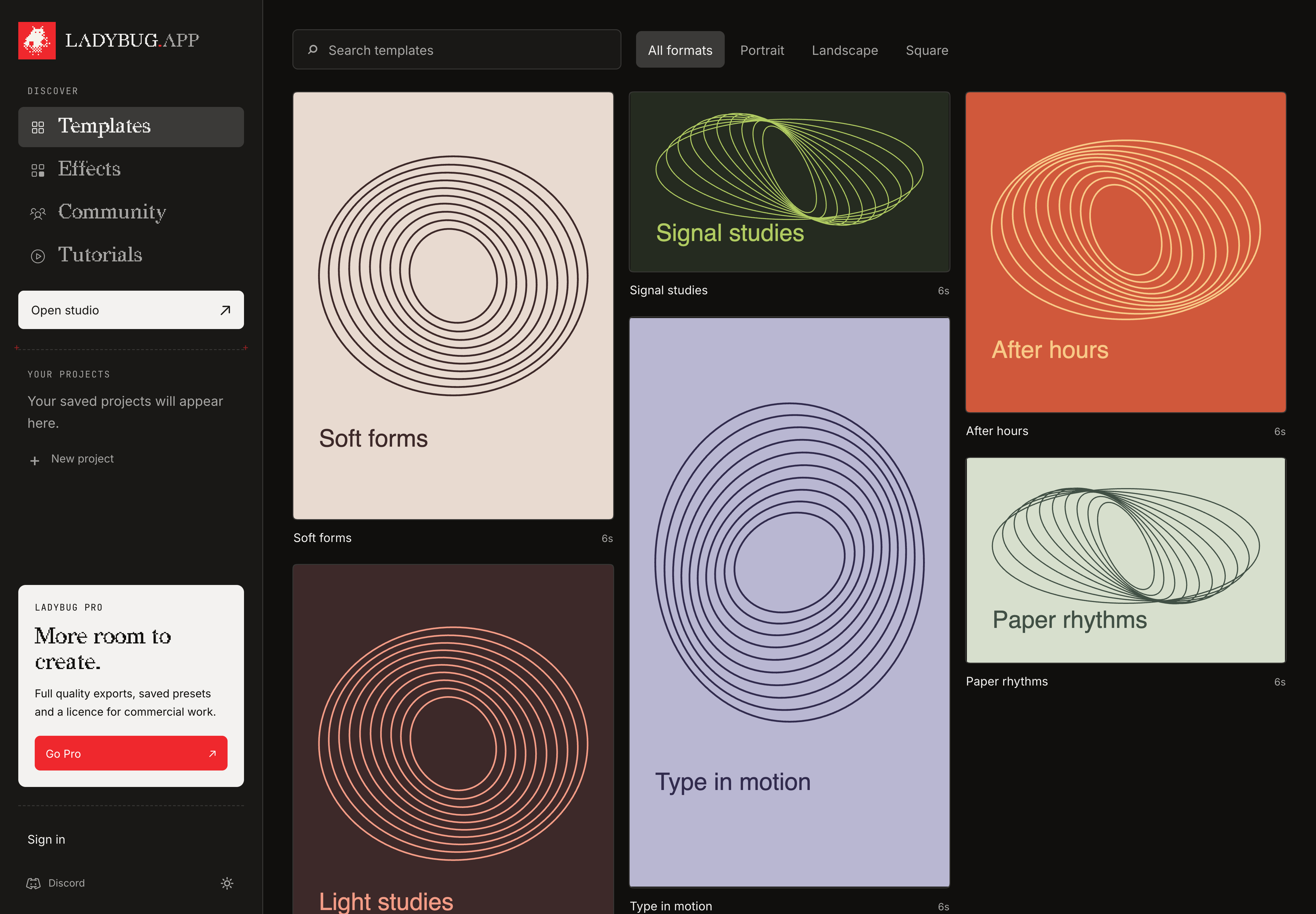 Dark Studio Home with template search and format filters at the very top, above three columns of project previews.