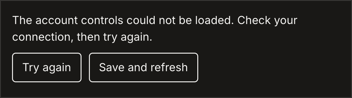 Dark Studio recovery notice with Try again and Save and refresh buttons.
