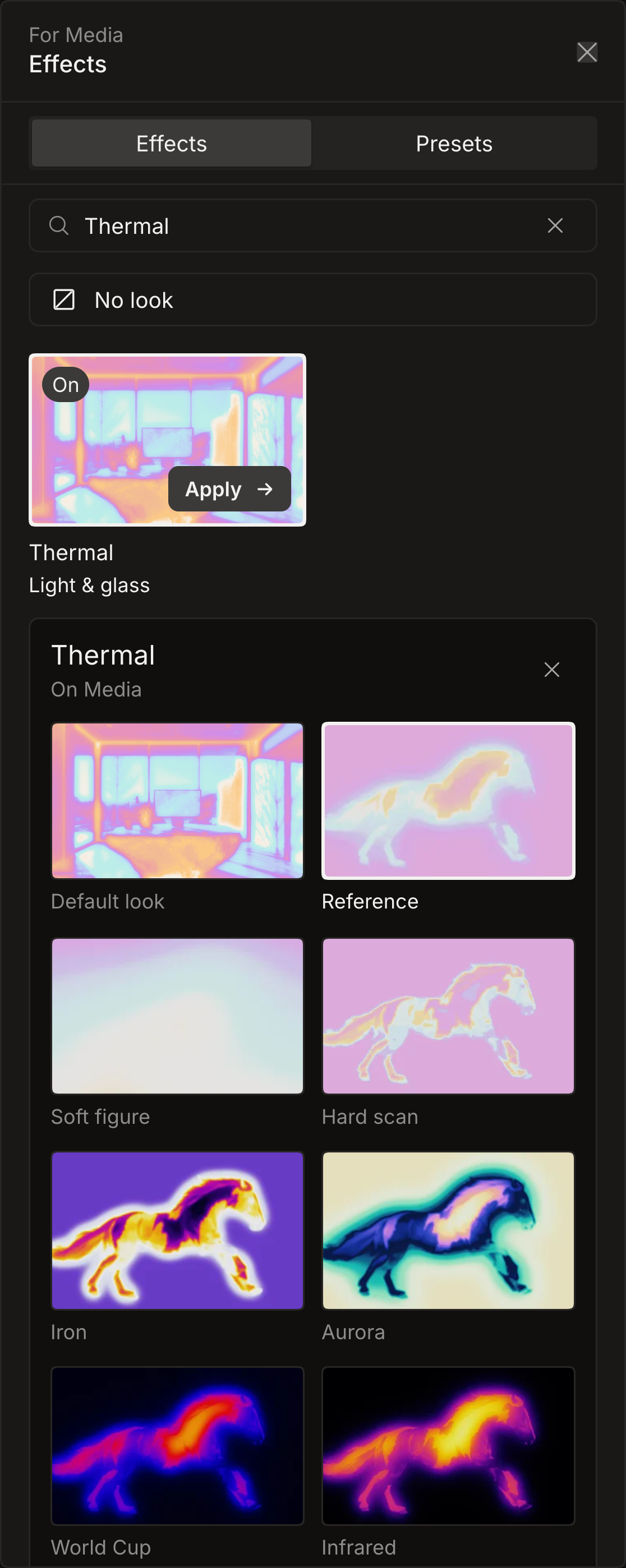 Dark Effects drawer showing Thermal starting looks with their rendered preview images.