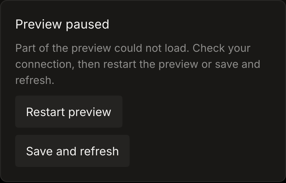 Dark Preview paused card with Restart preview and Save and refresh buttons.