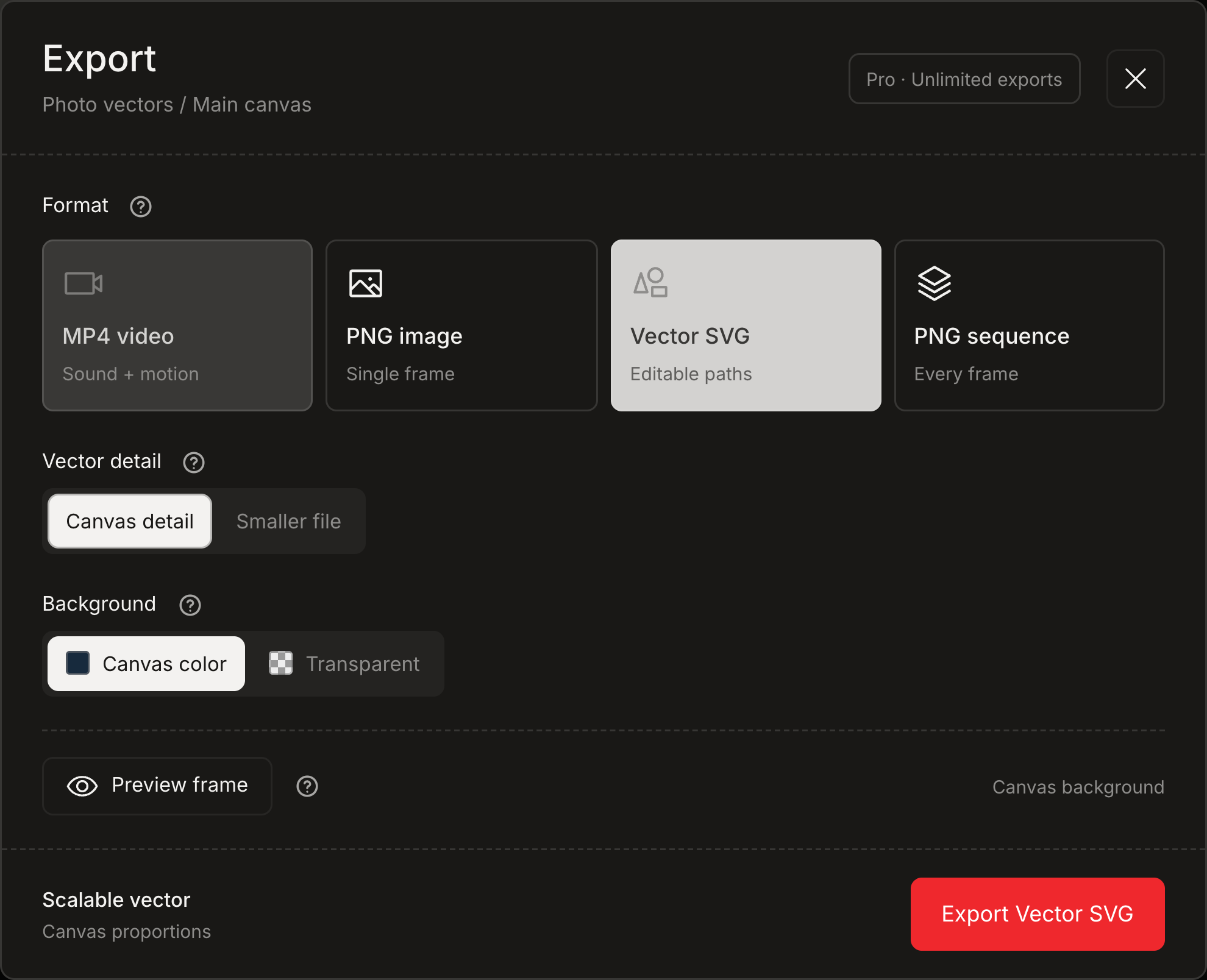Dark SVG export settings with Canvas detail selected, background controls and no raster size buttons.