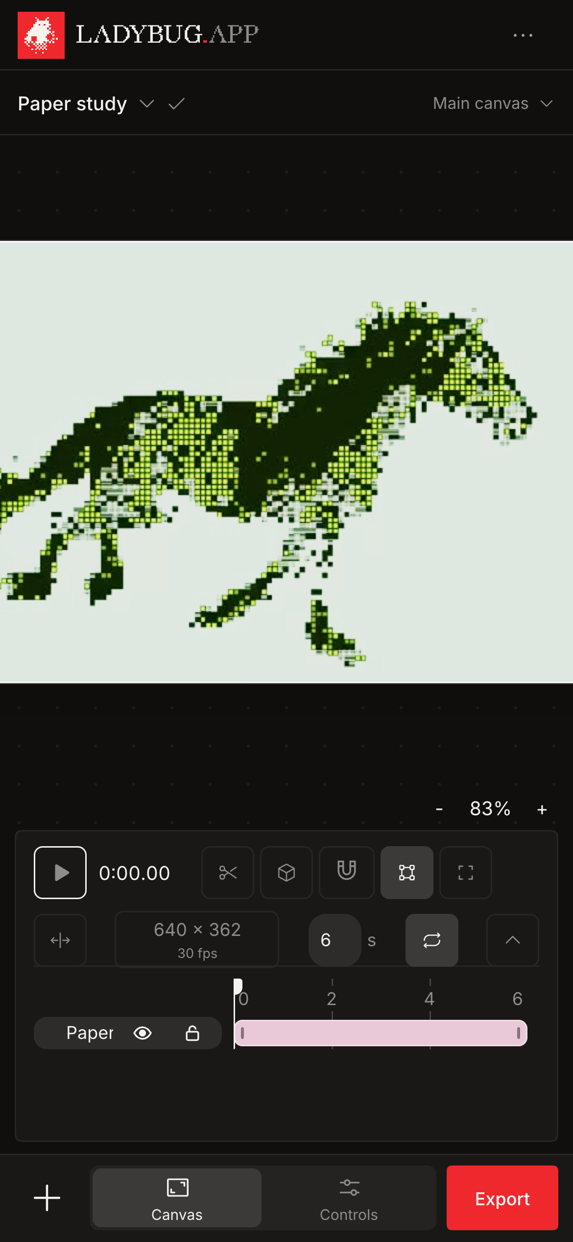 Dark mobile Ladybug studio showing a 2D paper artwork enlarged to 83 percent in the Canvas view.