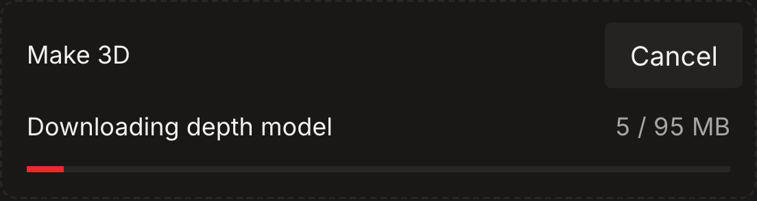 Dark Make 3D progress card showing a depth model download and its Cancel action.