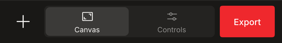 Dark mobile bottom bar with a plain plus, Canvas and Controls buttons, and a red Export button.
