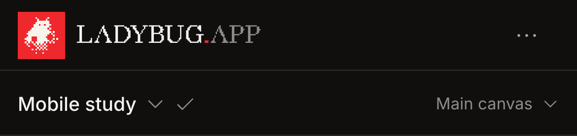 Dark mobile header with the larger Ladybug.app logo, a three-dot Studio menu, project name, save indicator and Main canvas picker.