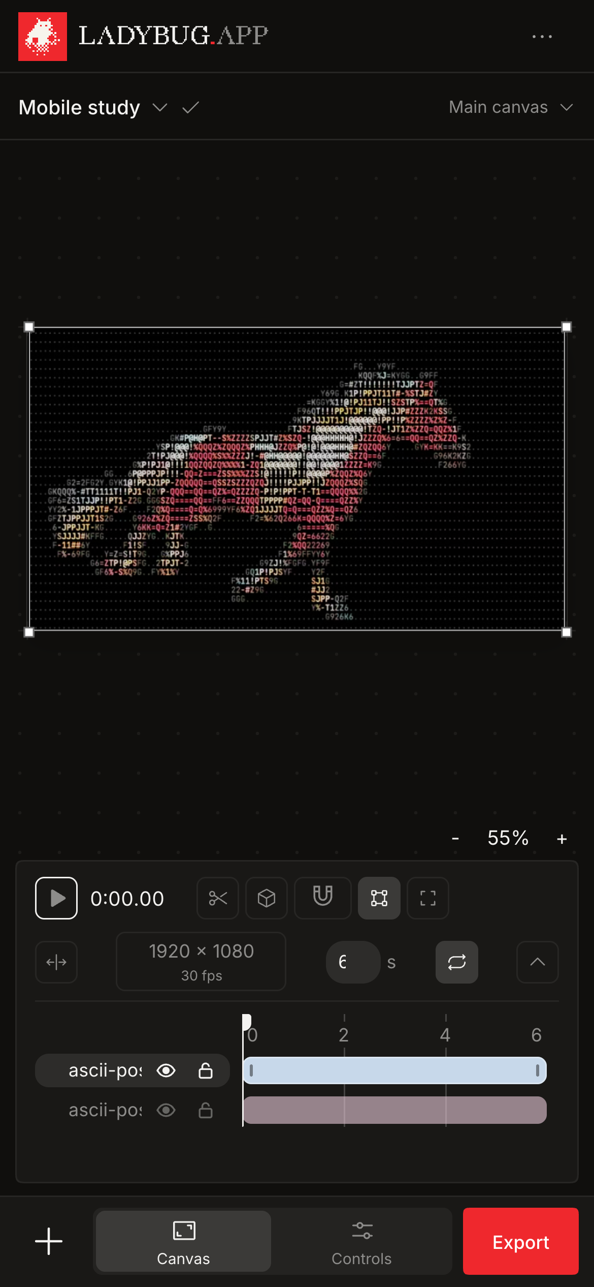 Dark mobile Ladybug studio with the approved compact header, artwork, timeline and bottom actions.