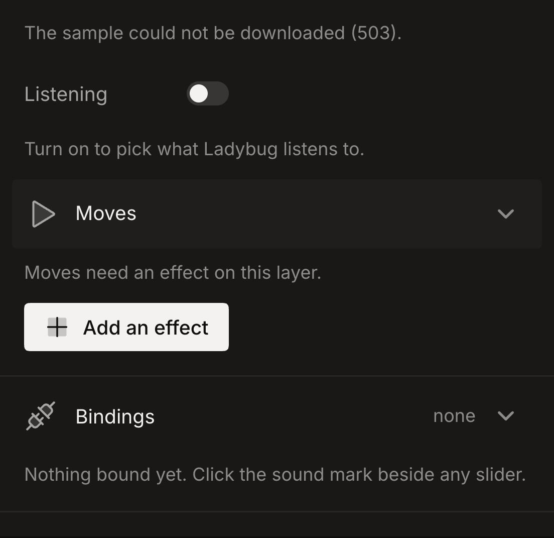 Dark Sound controls showing a sample download failure with the Listening switch available for another attempt.