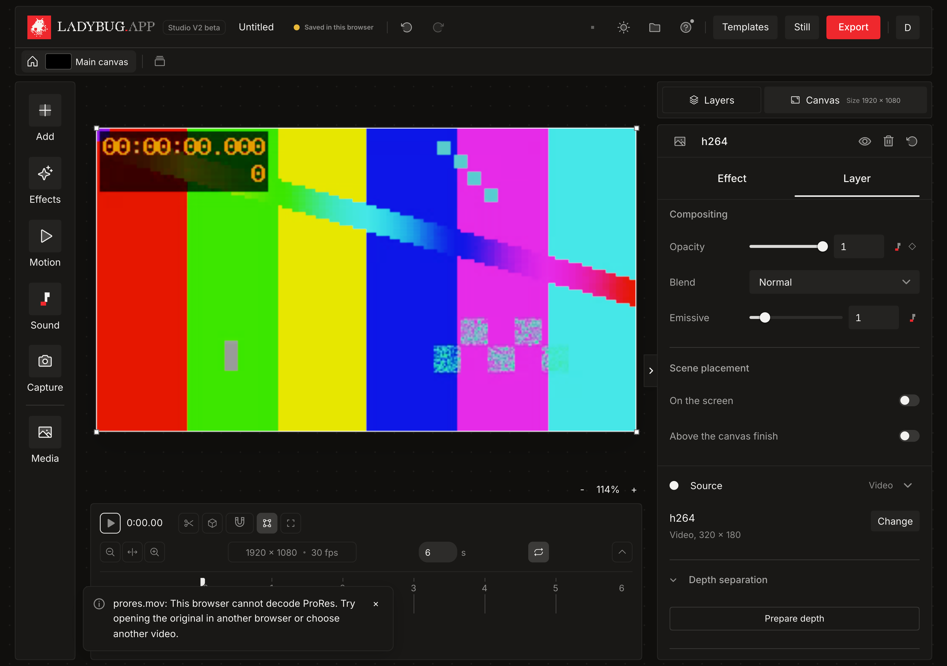 Dark Ladybug Studio showing an imported video and a message explaining that this browser cannot decode a ProRes file.