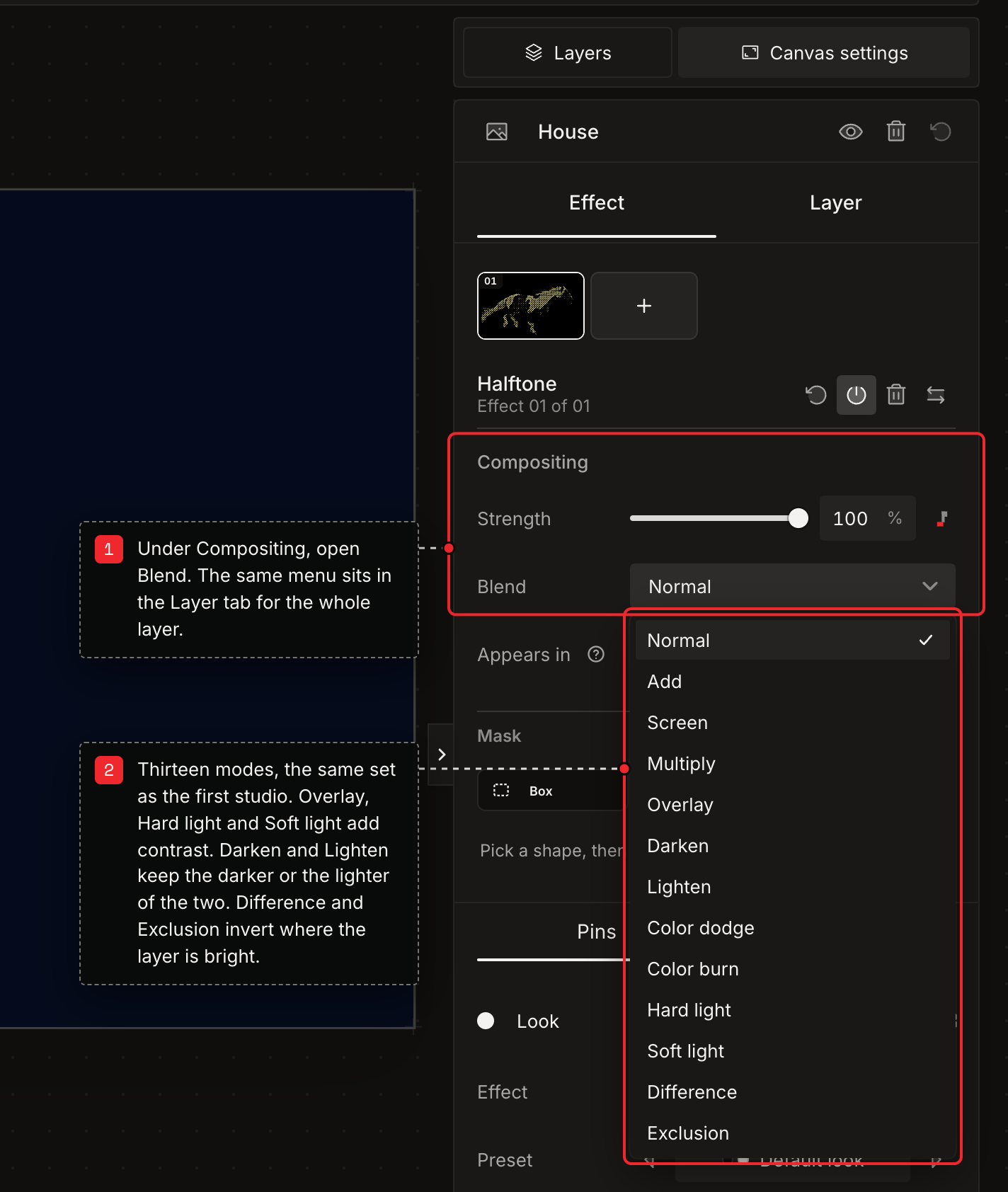 The Effect tab in Ladybug Studio with the Blend menu open under Compositing, listing thirteen modes from Normal to Exclusion, with two numbered notes.