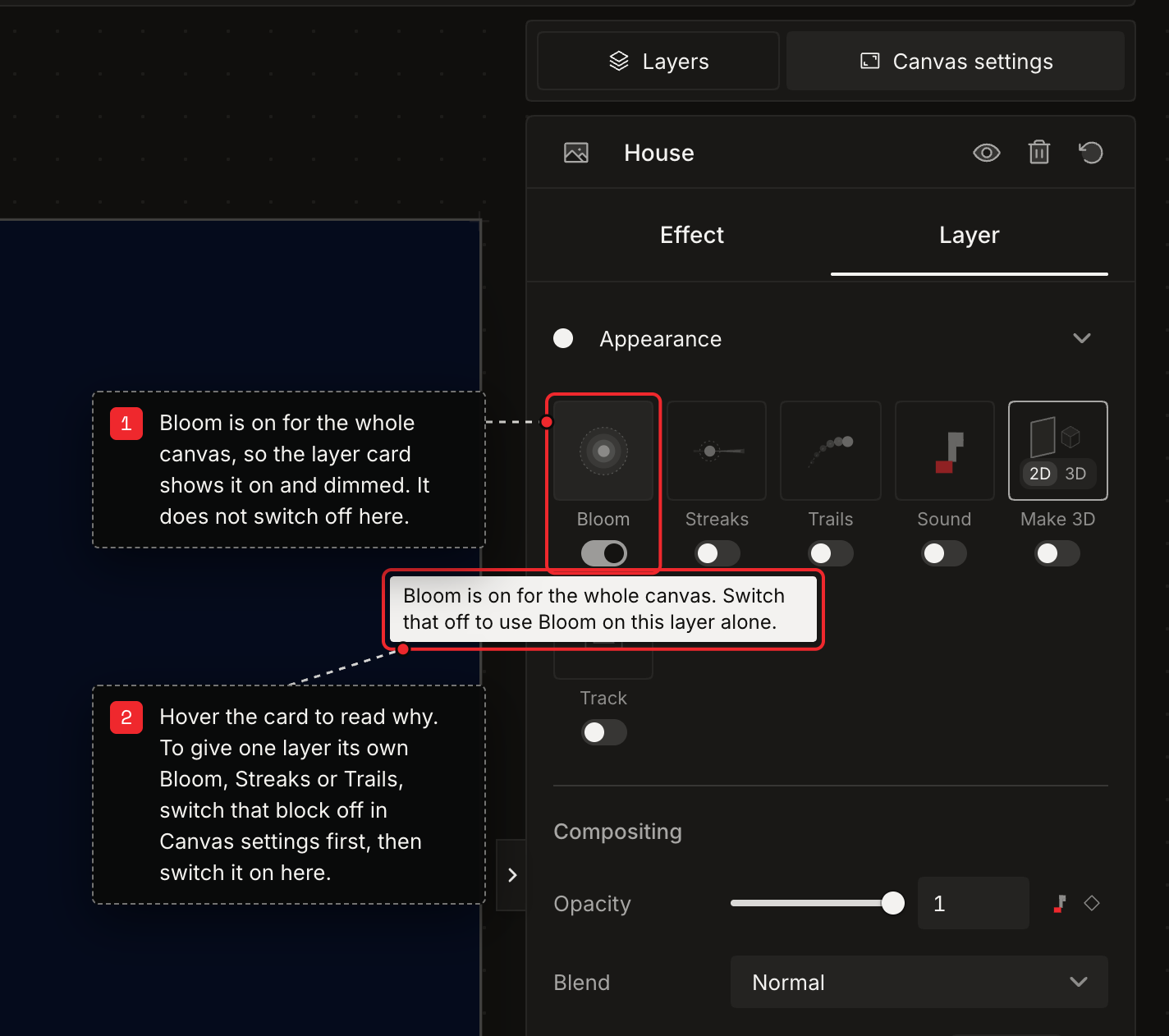 The Layer tab in Ladybug Studio with a dimmed Bloom card and a tooltip saying Bloom is on for the whole canvas, with two numbered notes.