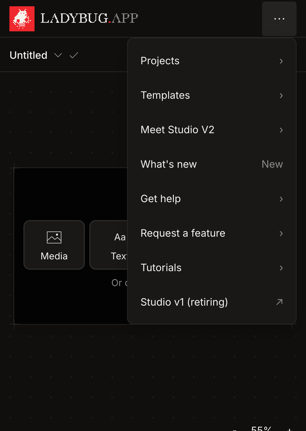 Ladybug in dark mode on a phone with the three-dot Studio menu open, showing Projects, Templates, updates and help.