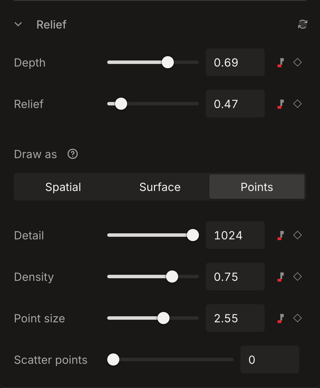 Make 3D Relief controls in dark mode, with Depth, Relief, Draw as, Detail, Density, Point size and Scatter points.