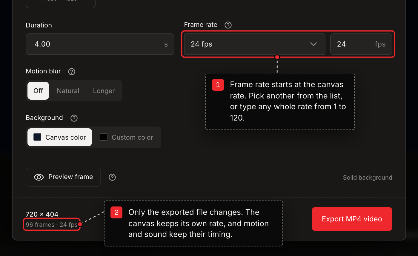 The Export sheet in dark mode with Frame rate set to 24 fps beside a typed rate box, and the summary reading 96 frames at 24 fps.