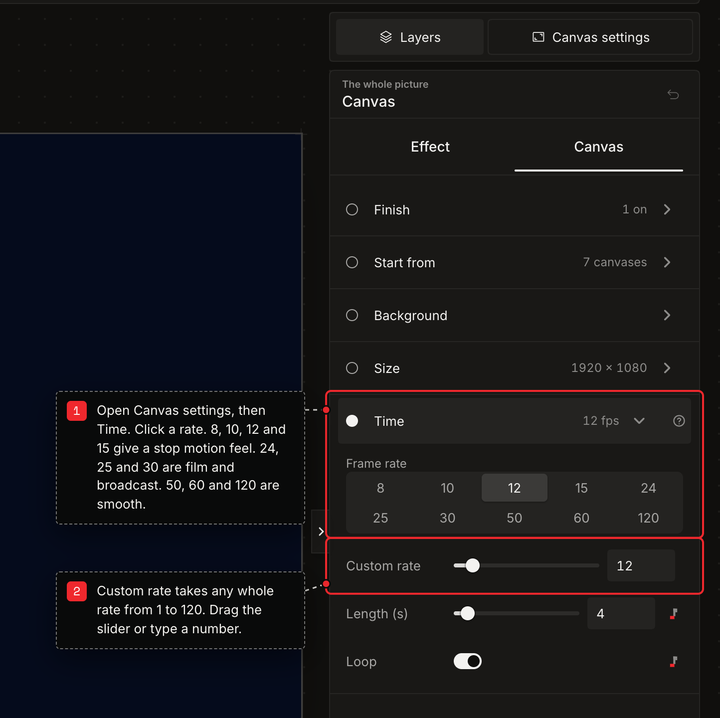 The Time section of Canvas settings in dark mode, with ten frame rates from 8 to 120 in two rows and a Custom rate slider set to 12.