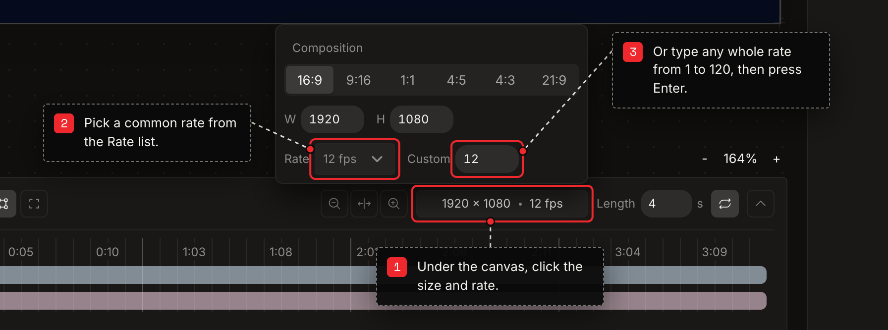 The Composition menu above the timeline in dark mode, with the Rate list at 12 fps and a Custom box beside it.