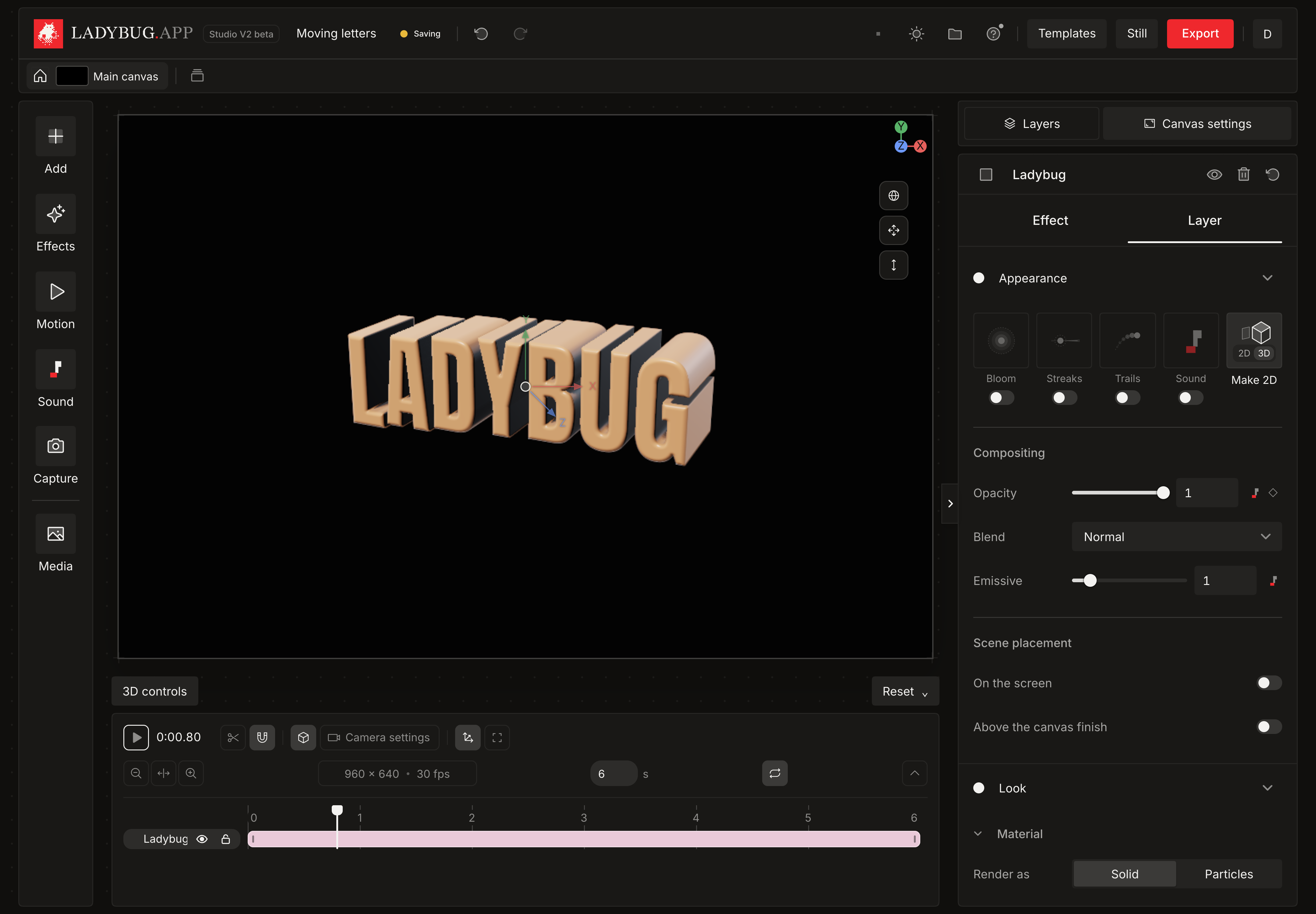 The word LADYBUG as an extruded solid in the dark studio, with Make 2D available on the selected layer.
