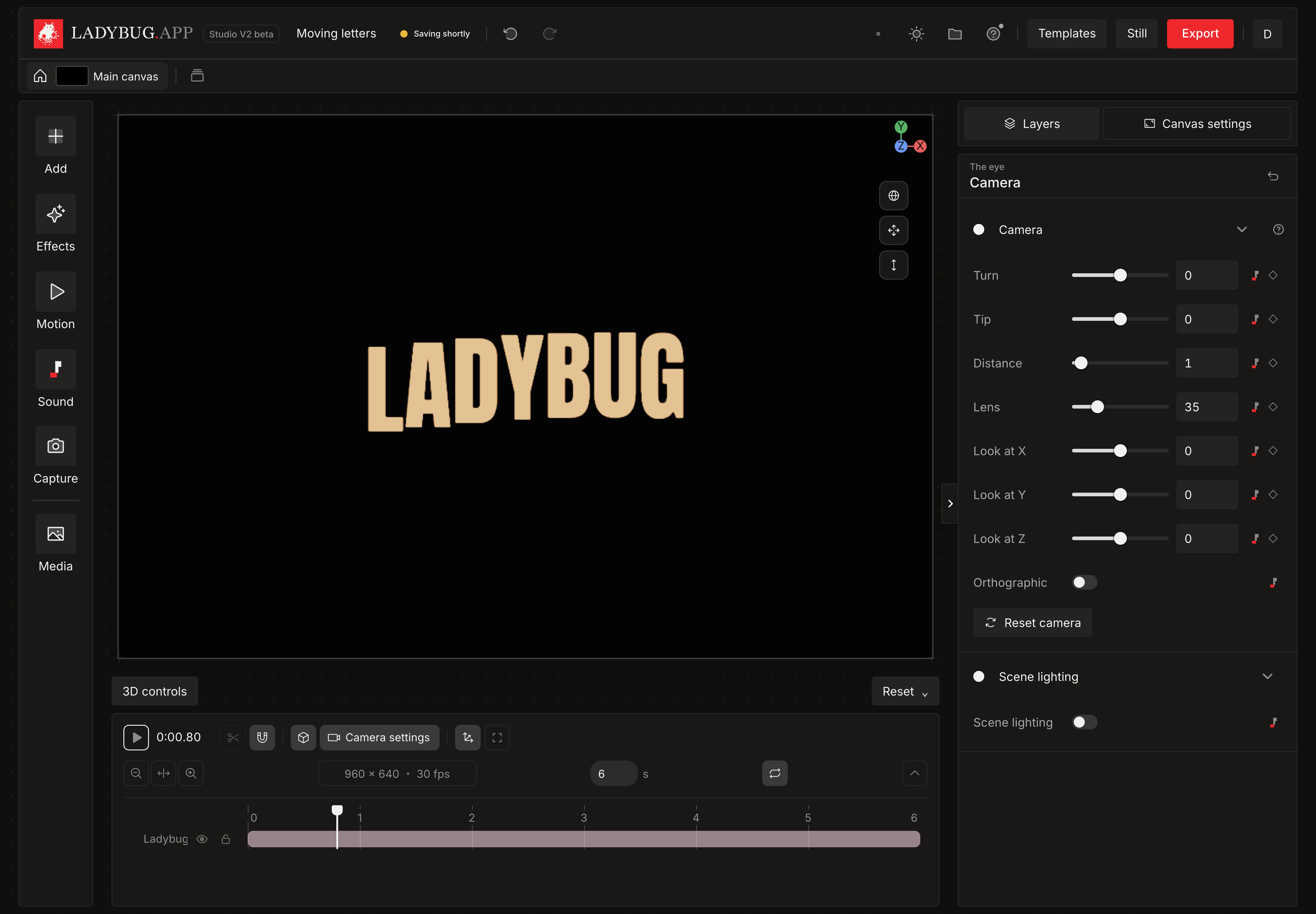 Dark studio with the Camera settings timeline button and the camera inspector open.