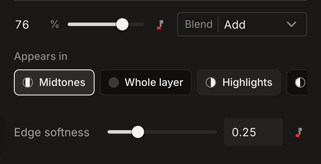 Studio V2 effect mixing controls in dark mode, with strength and Blend on one line, Midtones selected in the area chip strip, and Edge softness below.