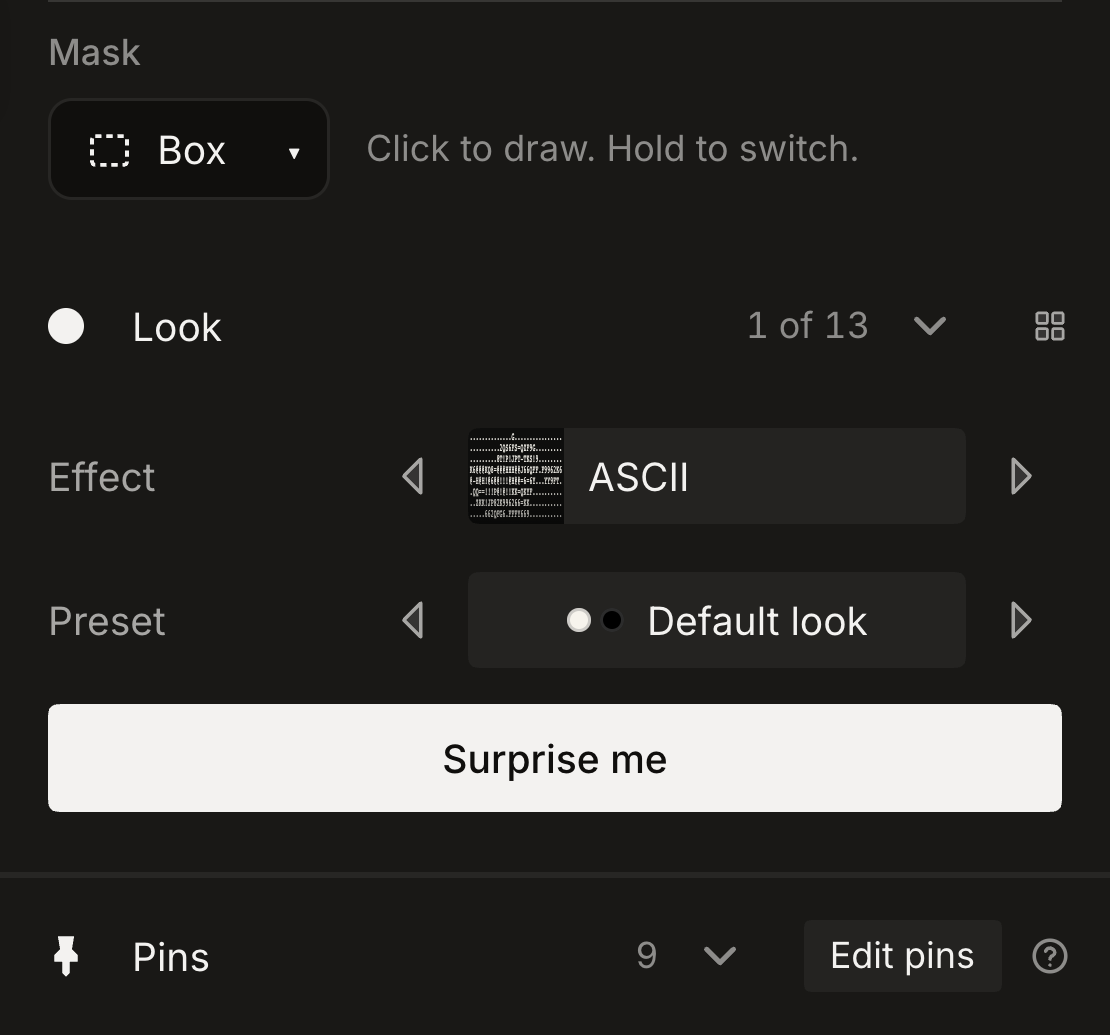 Dark effect inspector with Mask and Look followed by the Pins group.