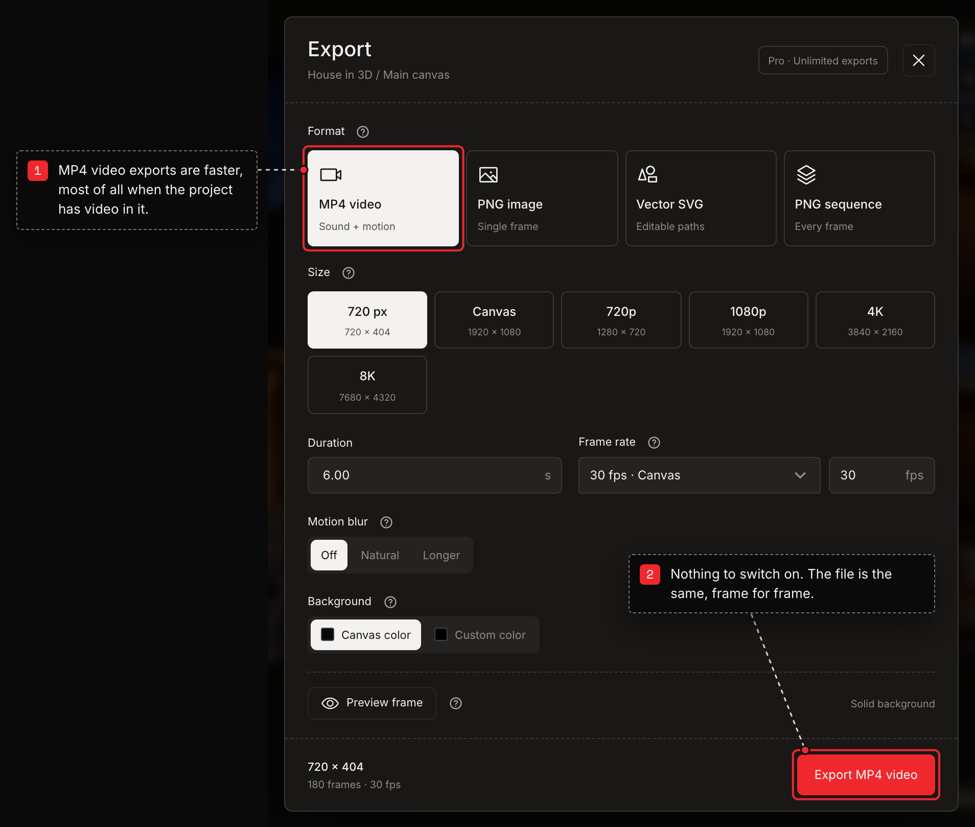 The Export sheet in dark mode with MP4 video selected and the Export MP4 video button, marked with two numbered notes.