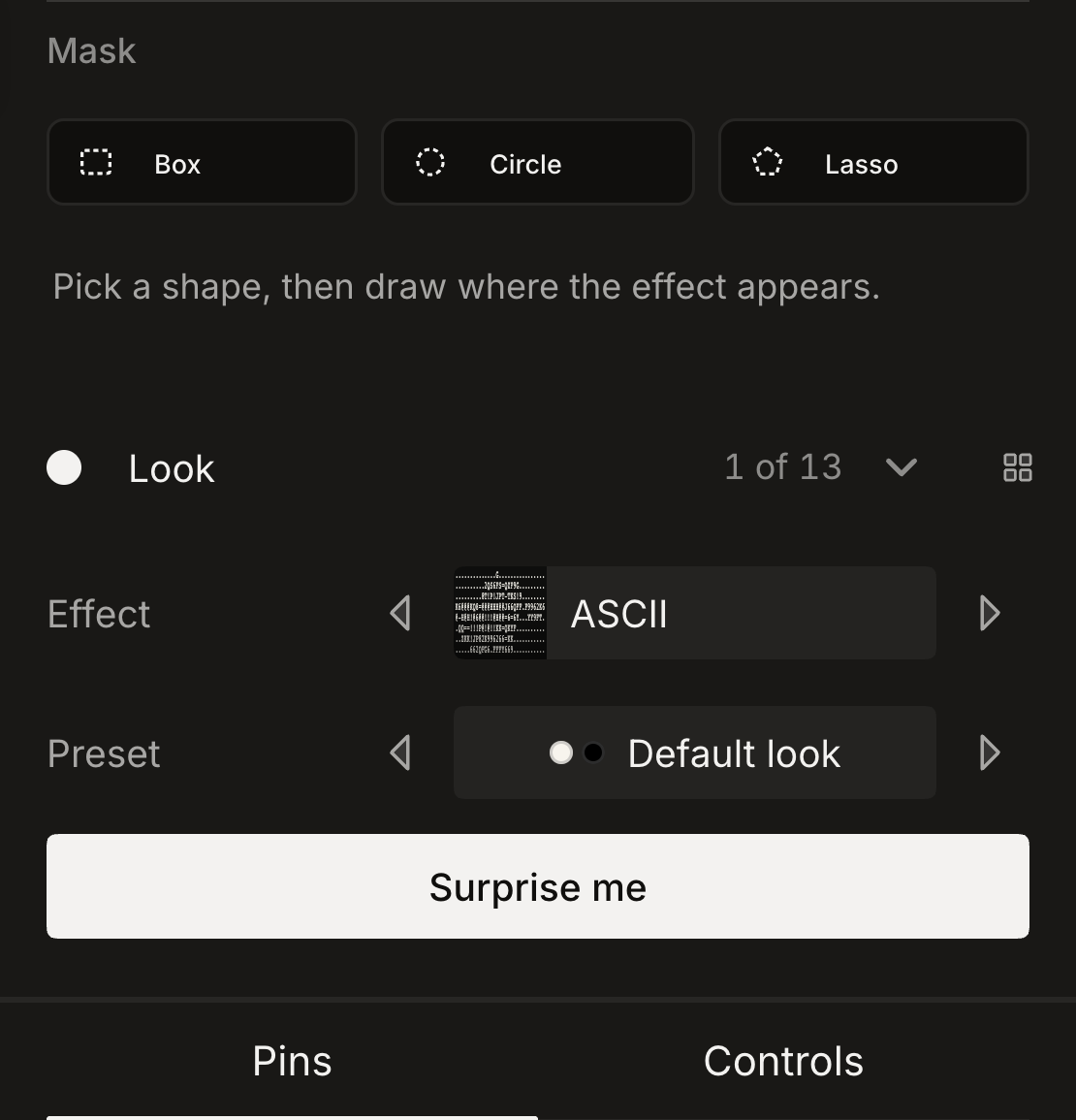 The Look section below Mask and above the Pins and Controls tabs, with Effect, Preset and Surprise me visible in dark mode.