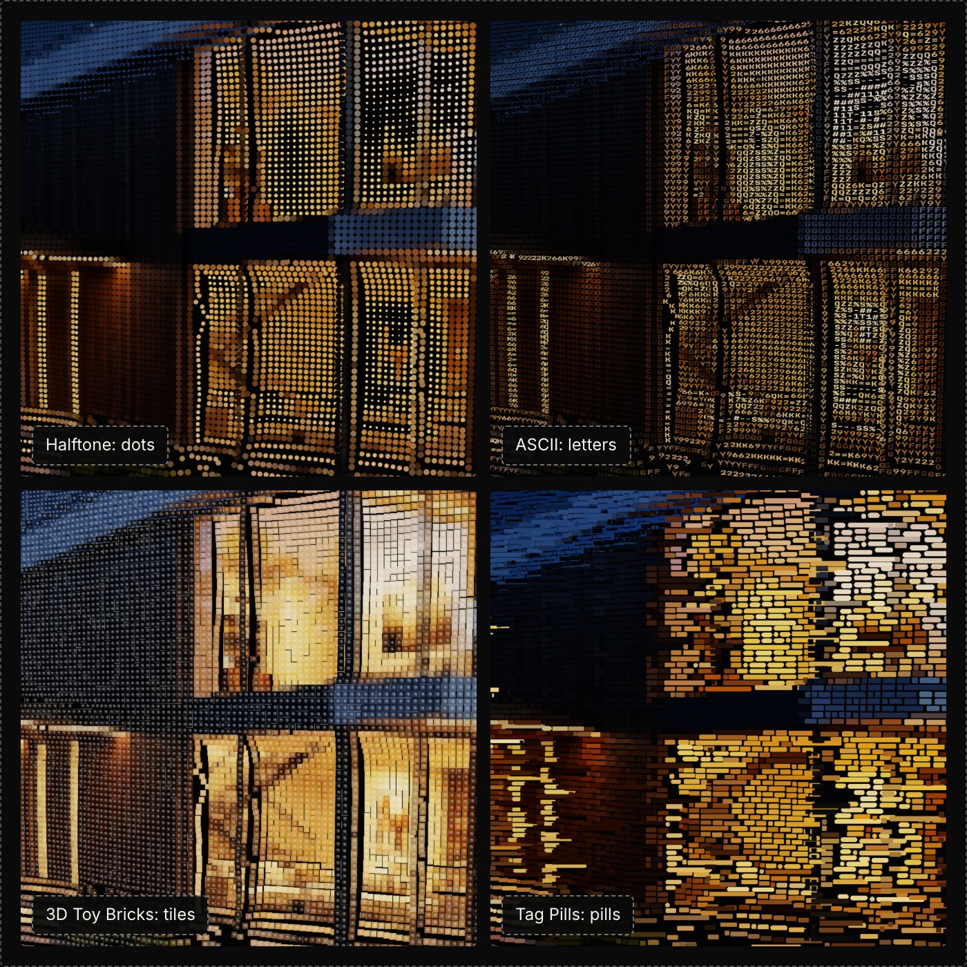 Four close views of the same house as a 3D object in dark mode, drawn with Halftone dots, ASCII letters, Bricks tiles and Tag Pills pills, one mark on each point.