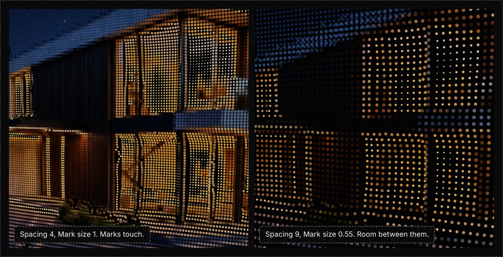 The same 3D house drawn with Halftone dots twice in dark mode: at Spacing 4 and Mark size 1 the dots touch, at Spacing 9 and Mark size 0.55 there is room between them.