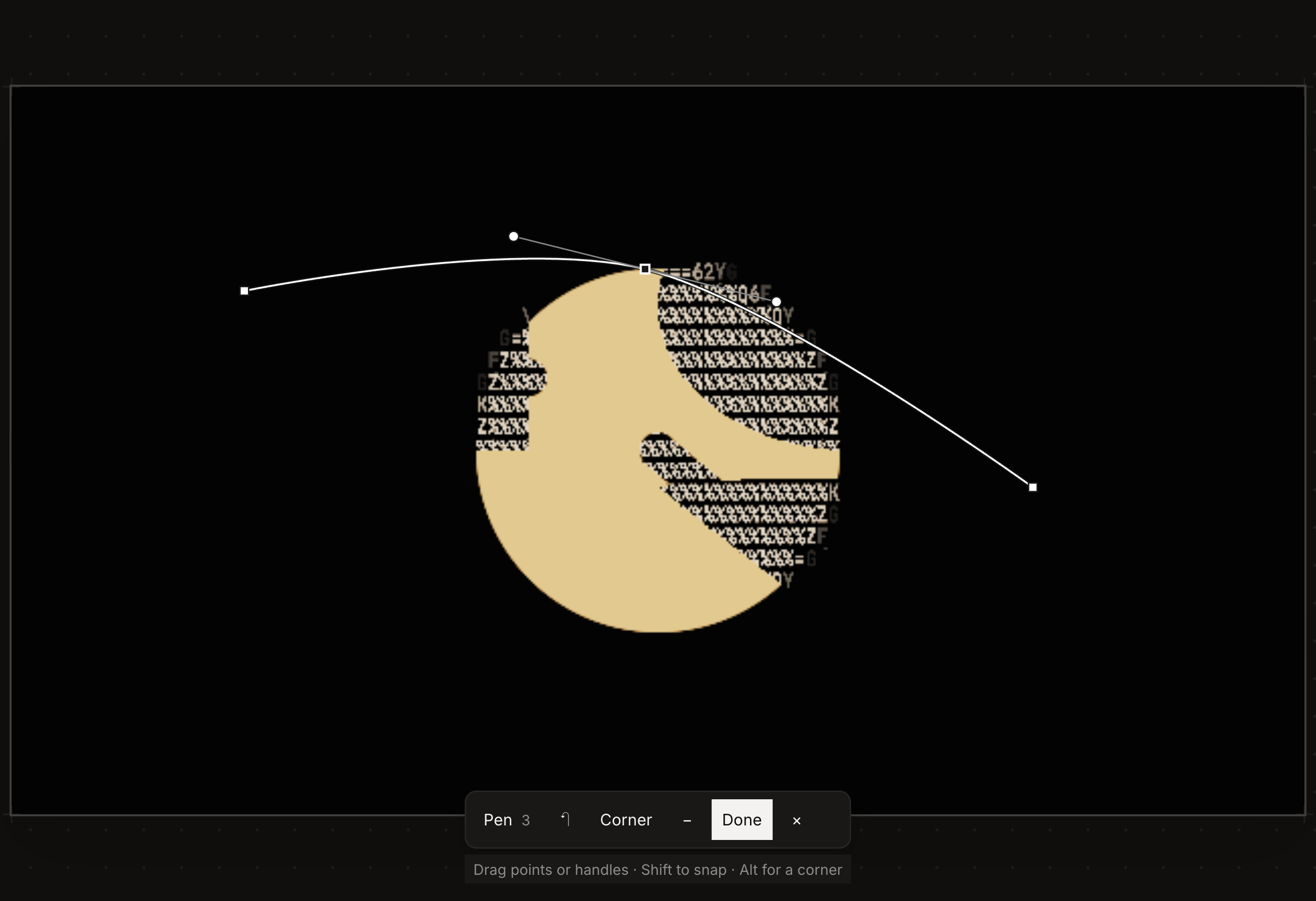 Pen mask drawing in dark mode, with square anchor points, round curve handles and a compact on-canvas toolbar.