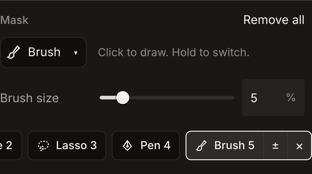 A compact Brush button and size slider above a horizontal row of saved mask chips in dark mode.