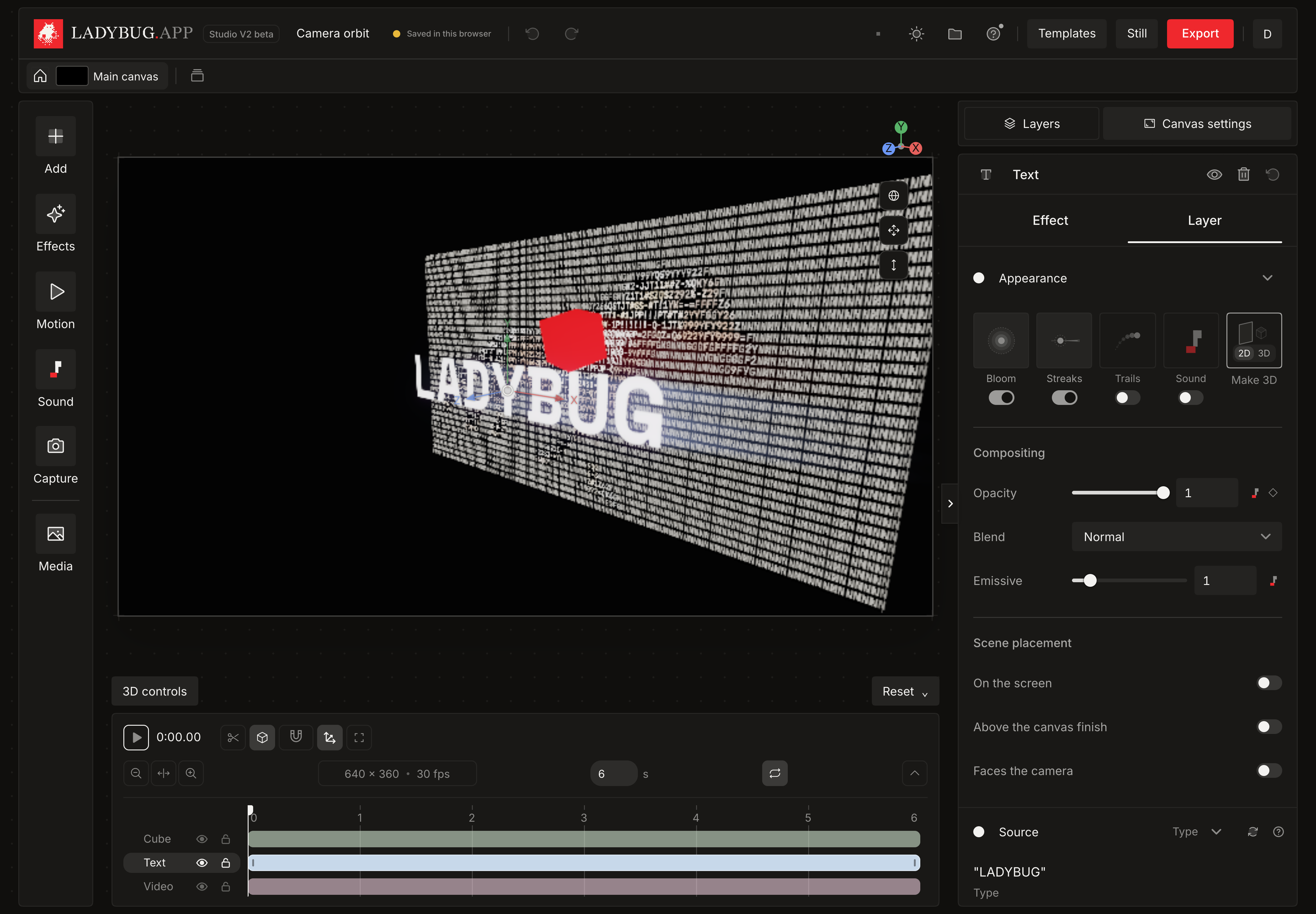 Studio V2 in dark mode with text, a red cube and an ASCII video together in an angled 3D camera view.