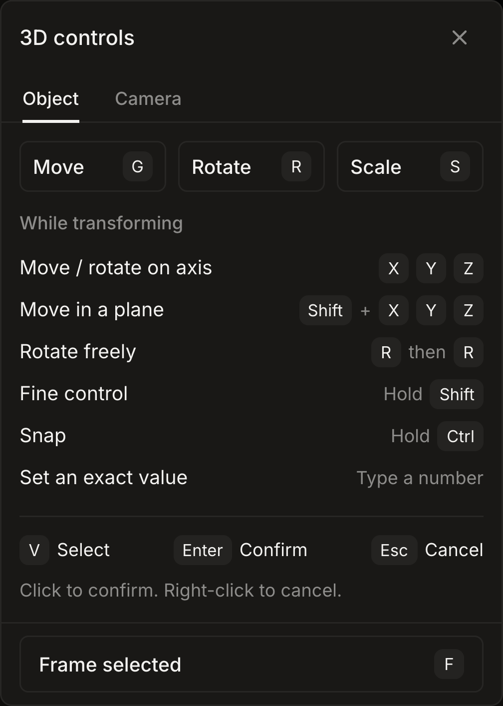 The compact 3D controls card in dark mode, with Object and Camera tabs, transform shortcuts and a single row for Select, Confirm and Cancel.