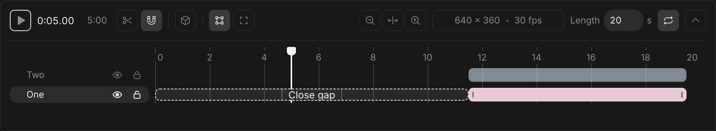 Dark timeline with the empty stretch selected only in the One layer and a Close gap button.