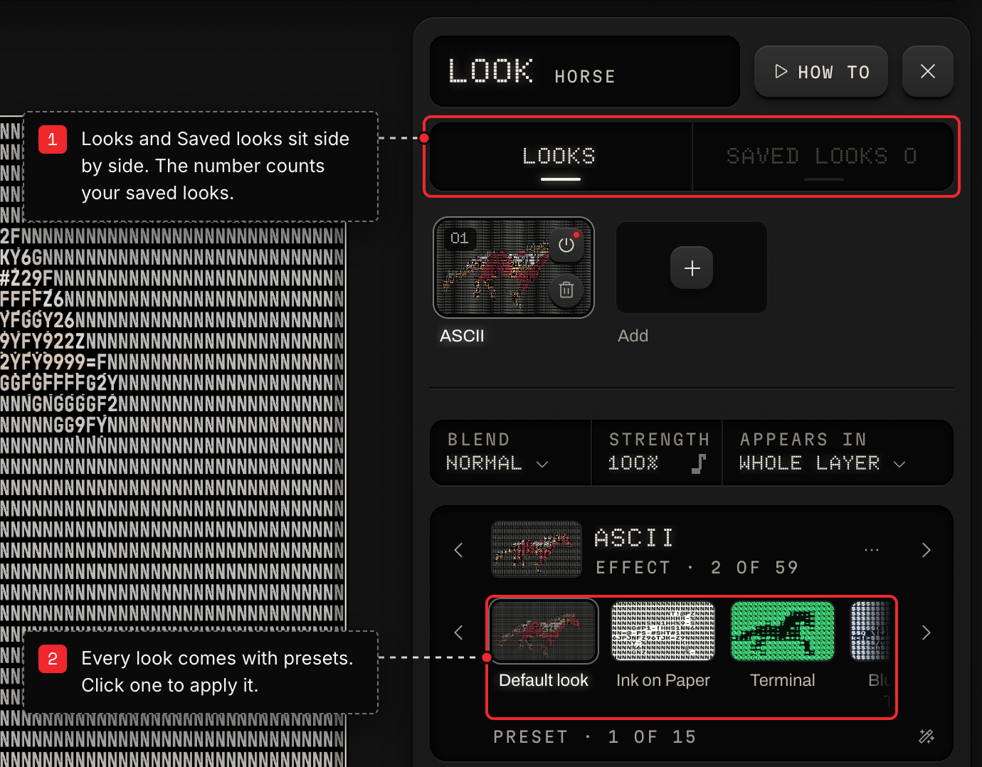 The Look sheet in dark mode with its Looks and Saved looks tabs, the ASCII look on the layer and its presets, beside the horse film under ASCII, with two numbered notes.