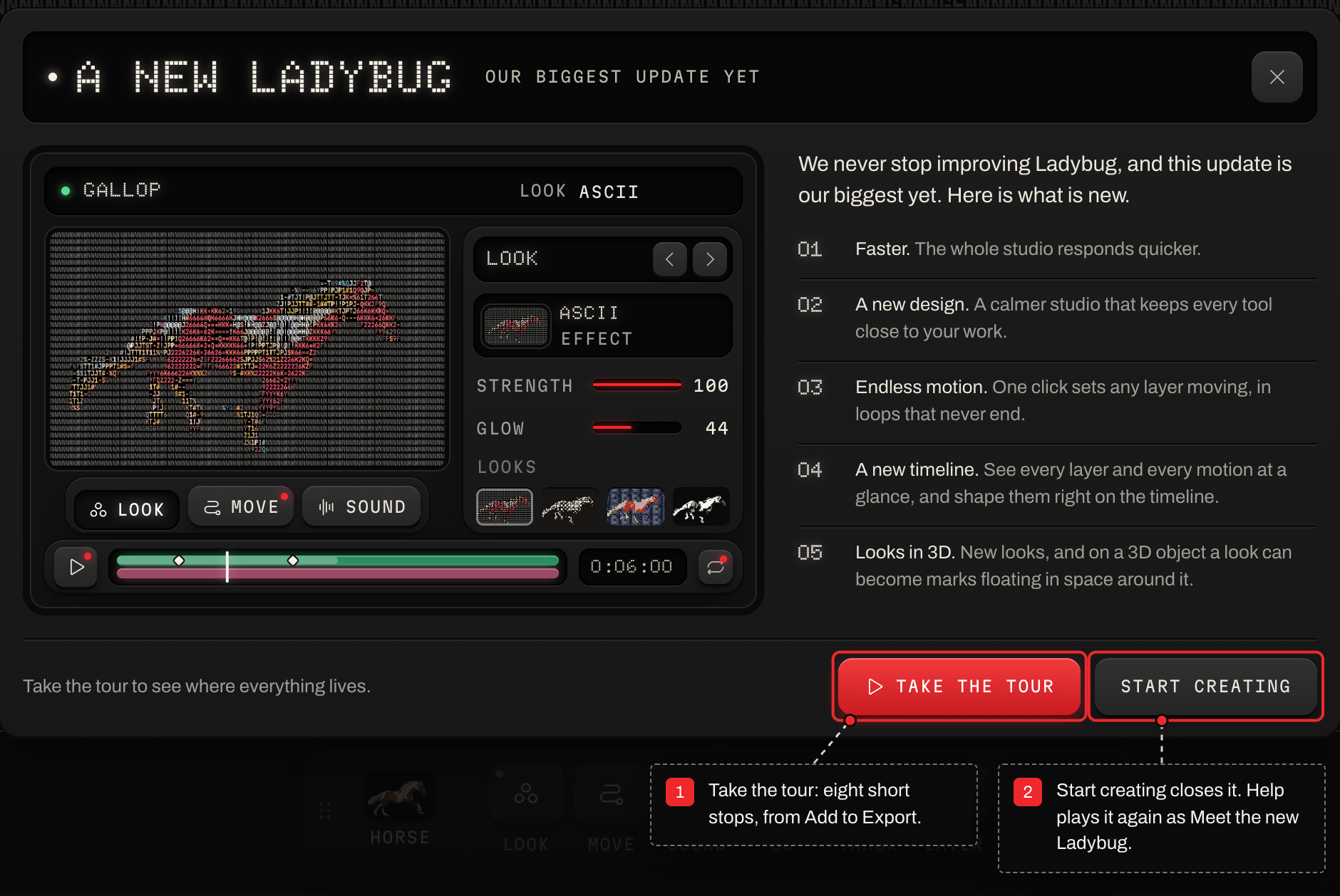 The A NEW LADYBUG welcome in dark mode, with a small studio picture on the left and the five new things on the right, and two numbered notes on the Take the tour and Start creating keys.