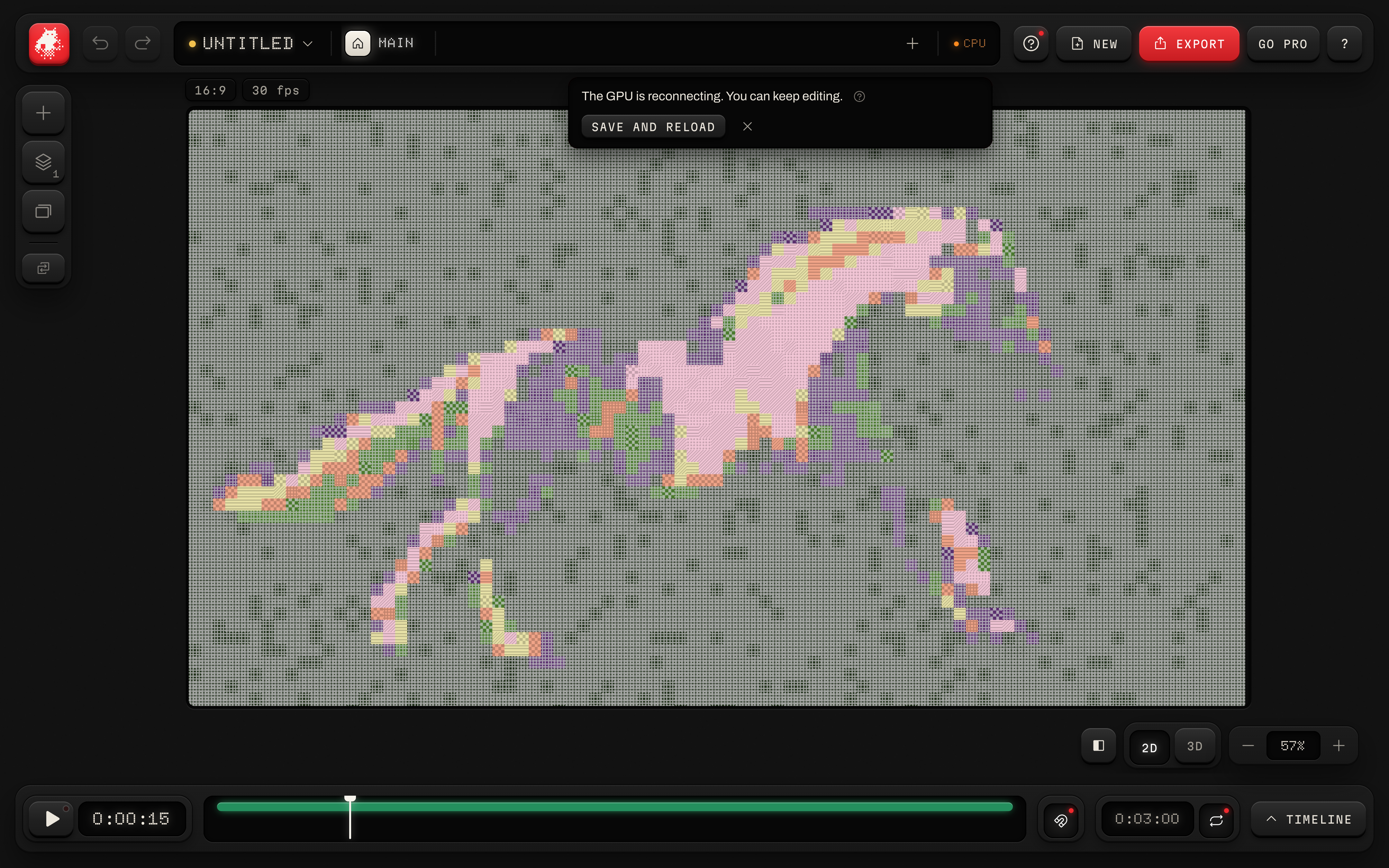 Dark Focus studio showing a Pixel Poster sample, the CPU readout and the GPU reconnecting notice.