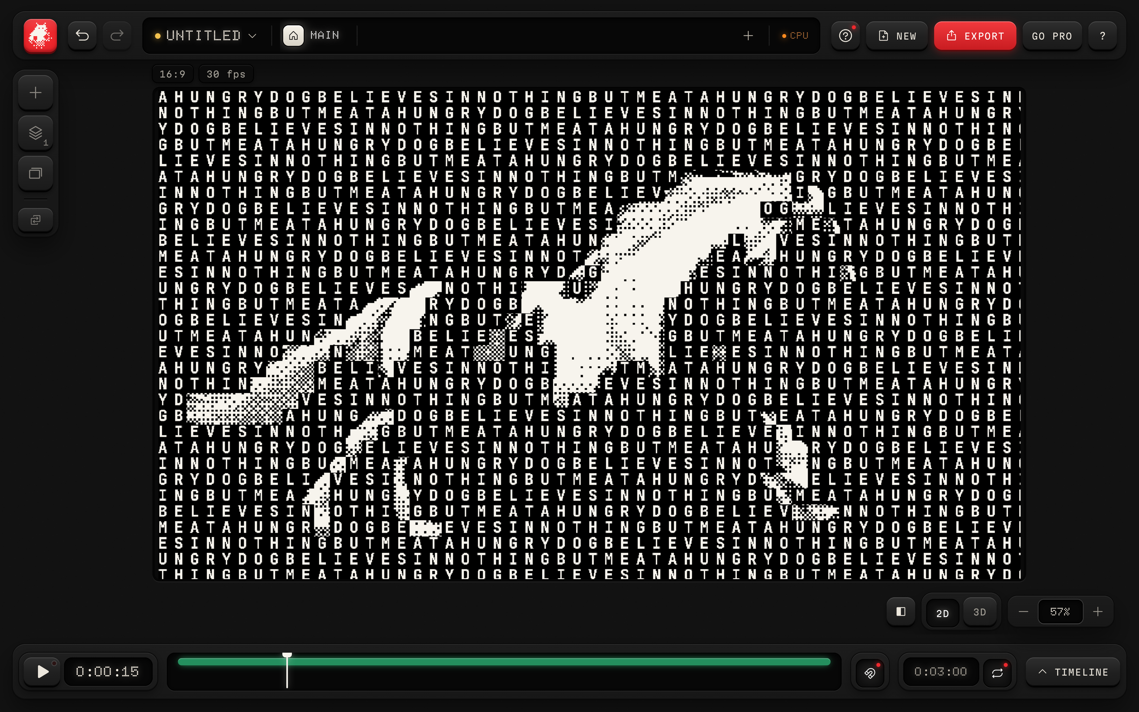 Dark Focus studio showing the sample clip with the Poster Type look in Dither Text and the CPU readout.