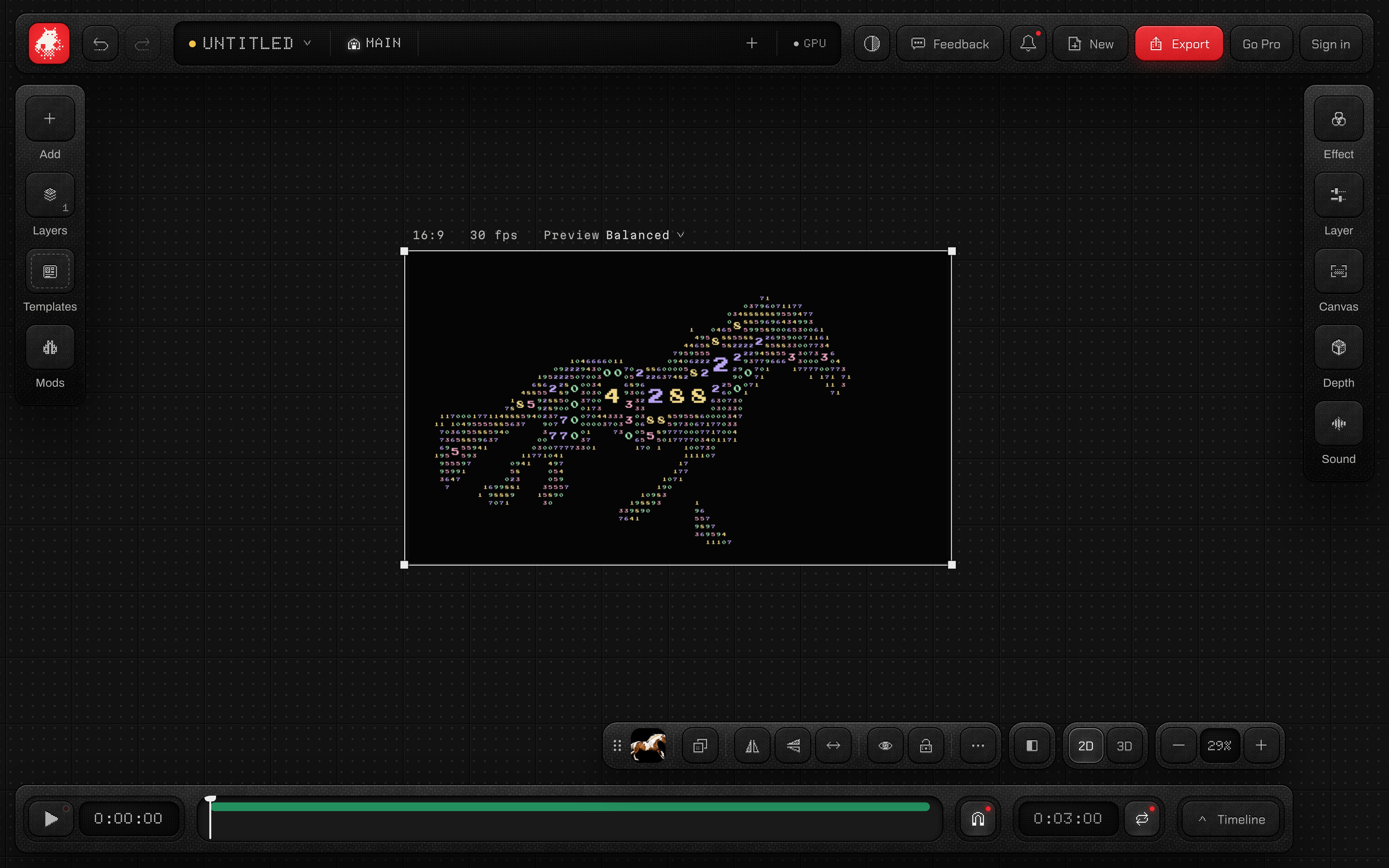 Dark Focus studio zoomed out to 29 percent, the sample clip in Glyph Studio's Bloom look still glowing.