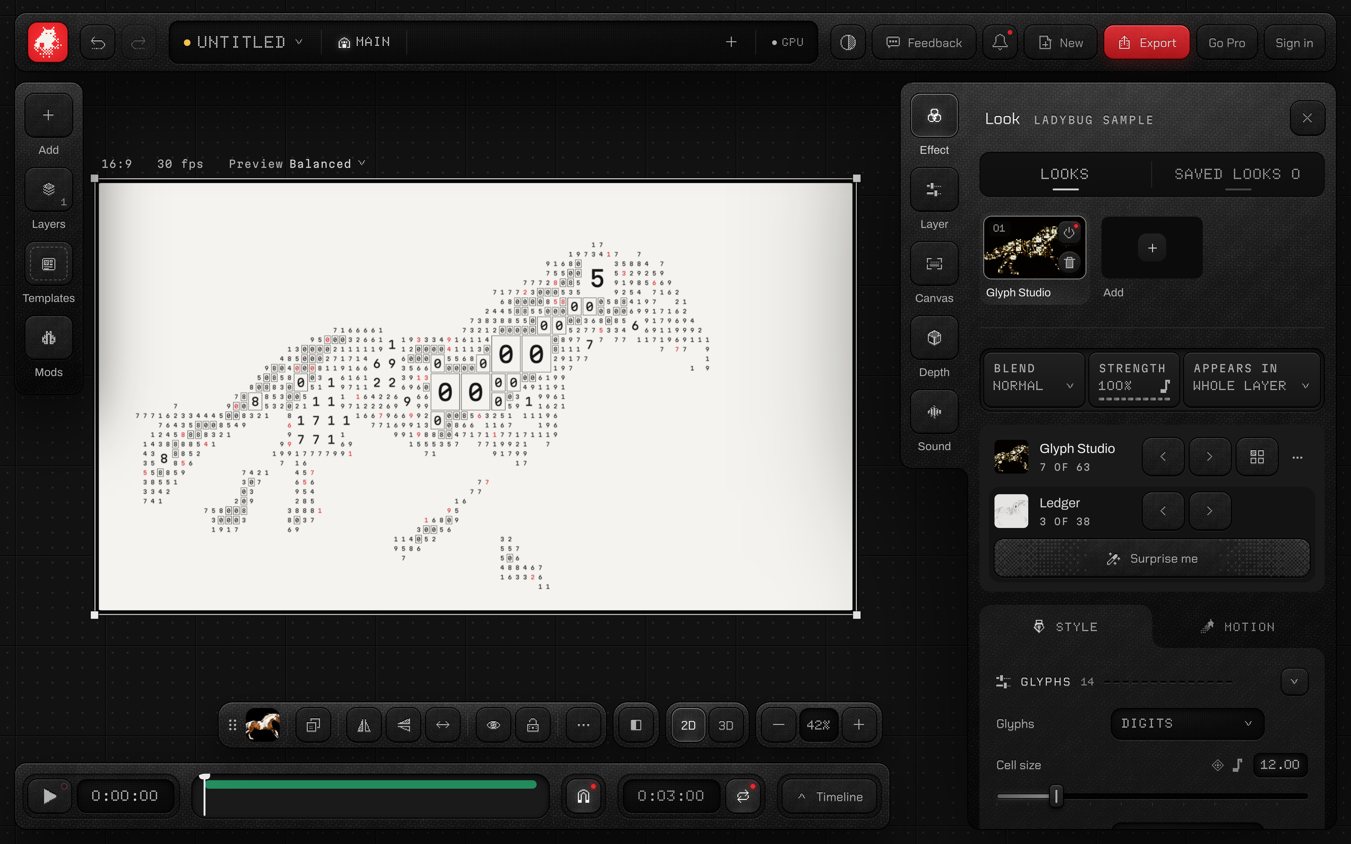 Dark Focus studio with the Ladybug sample clip drawn in Glyph Studio's Ledger look, the Look sheet open on Glyph Studio with its looks and Surprise me.