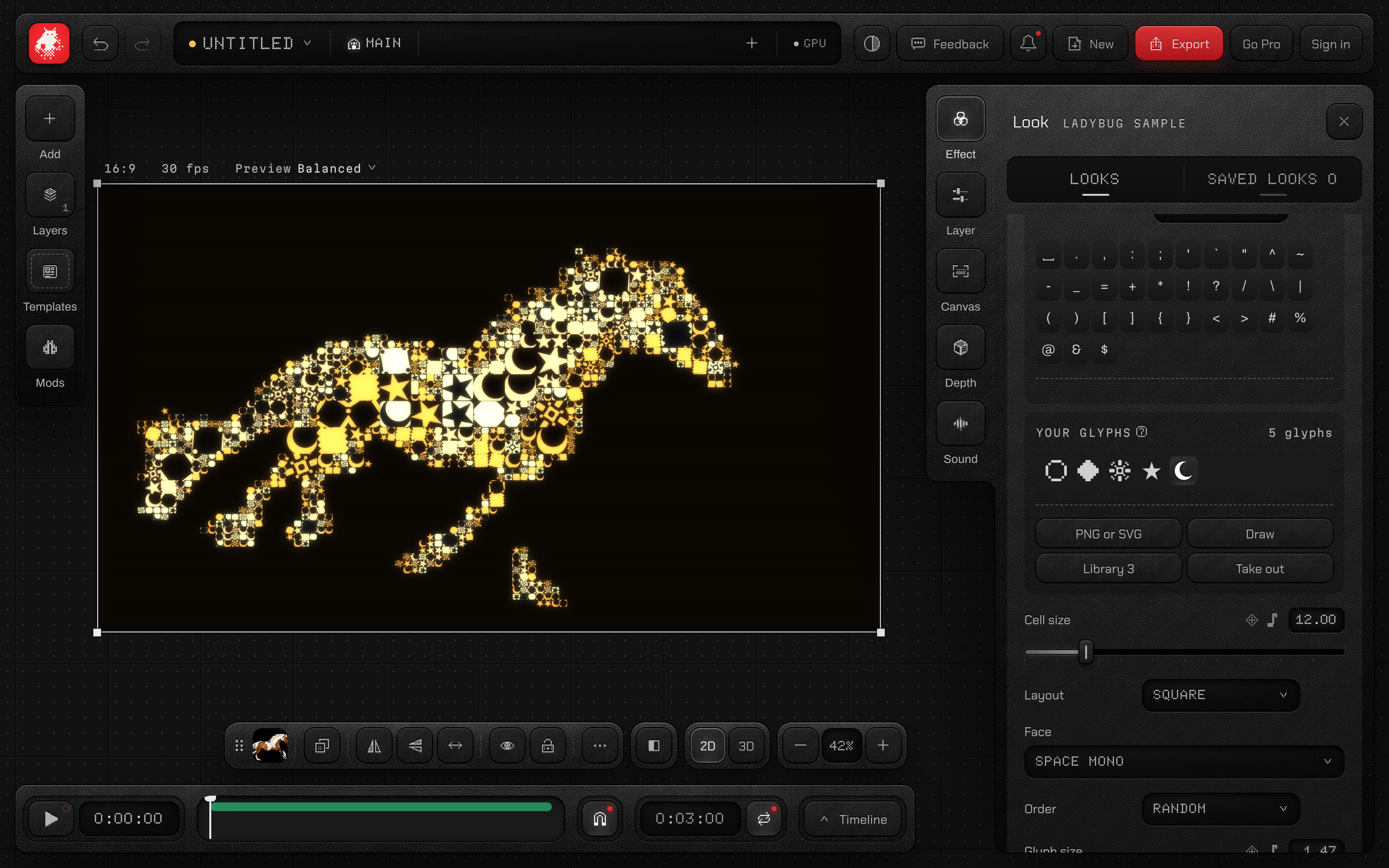 Dark Focus studio with the sample clip drawn in stars, moons and drawn shapes, the Look sheet showing Your glyphs with five glyphs: a ring, a diamond, a mandala, a star from an SVG and a moon from a PNG.